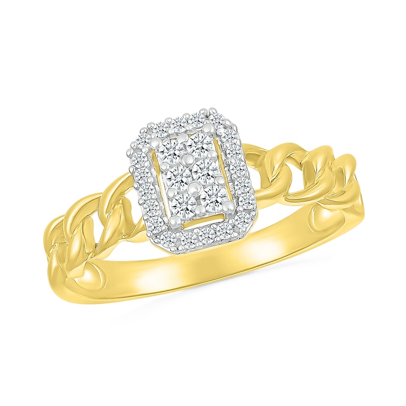 Main Image 1 of 1/5 CT. T.W. Emerald Multi-Diamond Frame Curb Chain Shank Ring in Sterling Silver with 10K Gold Plate