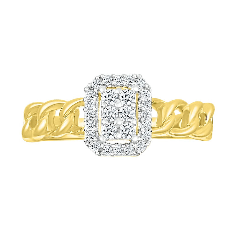 Main Image 2 of 1/5 CT. T.W. Emerald Multi-Diamond Frame Curb Chain Shank Ring in Sterling Silver with 10K Gold Plate