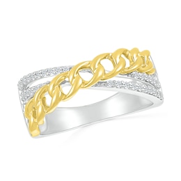 1/6 CT. T.W. Diamond Curb Chain Overlay Criss-Cross Ring in Sterling Silver with 10K Gold Plate