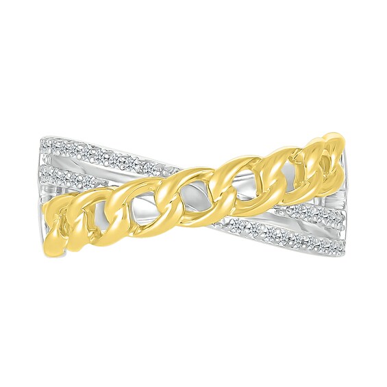 1/6 CT. T.w. Diamond Curb Chain Overlay Criss-Cross Ring in Sterling Silver with 10K Gold Plate
