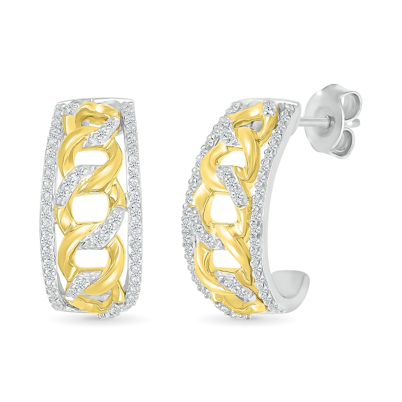 Main Image 1 of 1/3 CT. T.W. Diamond Edge Curb Chain J-Hoop Earrings in Sterling Silver with 10K Gold Plate
