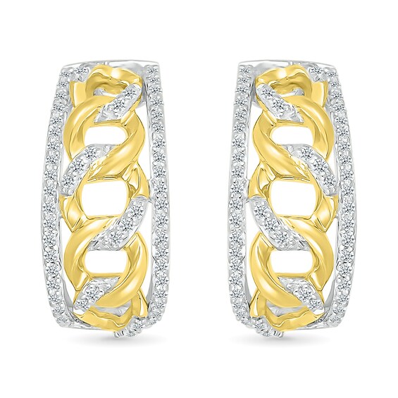 1/3 CT. T.w. Diamond Edge Curb Chain J-Hoop Earrings in Sterling Silver with 10K Gold Plate