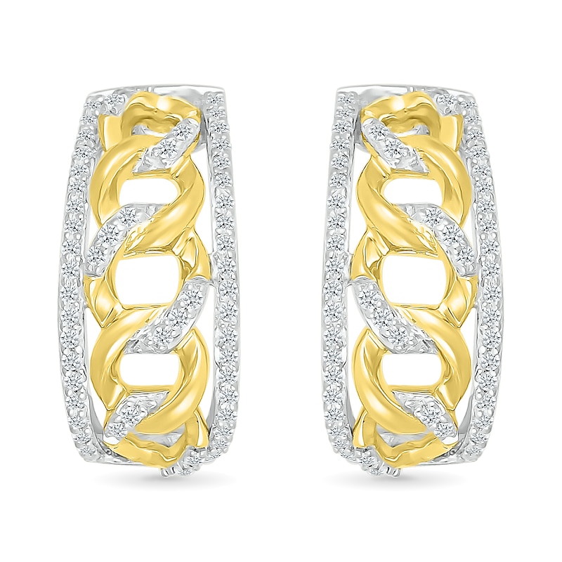 Main Image 2 of 1/3 CT. T.W. Diamond Edge Curb Chain J-Hoop Earrings in Sterling Silver with 10K Gold Plate