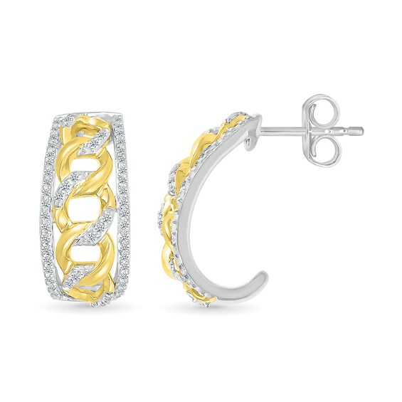 1/3 CT. T.w. Diamond Edge Curb Chain J-Hoop Earrings in Sterling Silver with 10K Gold Plate
