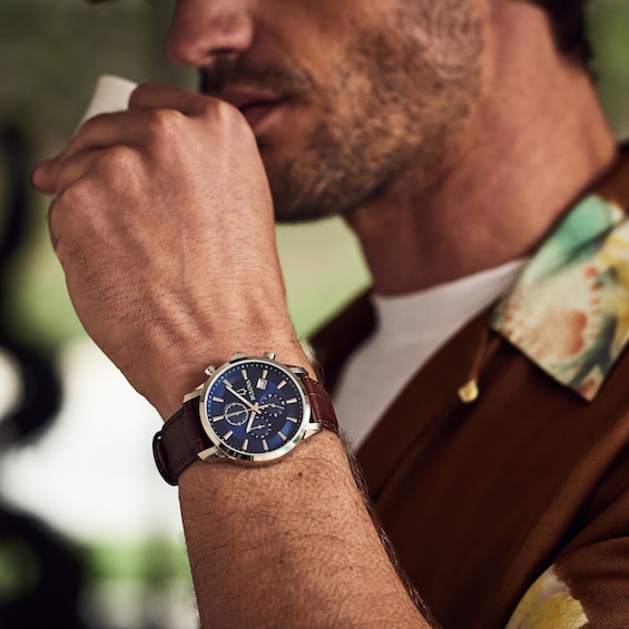 Men's Bulova Classic Sutton Brown Strap Chronograph Watch with Blue Dial (Model: 96B402)