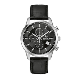 Men's Bulova Classic Sutton Black Strap Chronograph Watch with Black Dial (Model: 96B403)