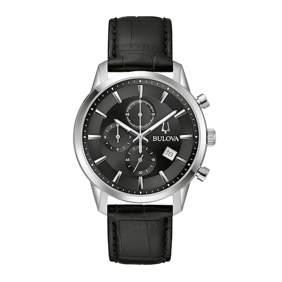 Men's Bulova Classic Sutton Black Strap Chronograph Watch with Black Dial (Model: 96B403)