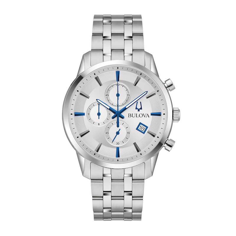 Men's Bulova Classic Sutton Silver-Tone Blue Accent Chronograph Watch (Model: 96B404)