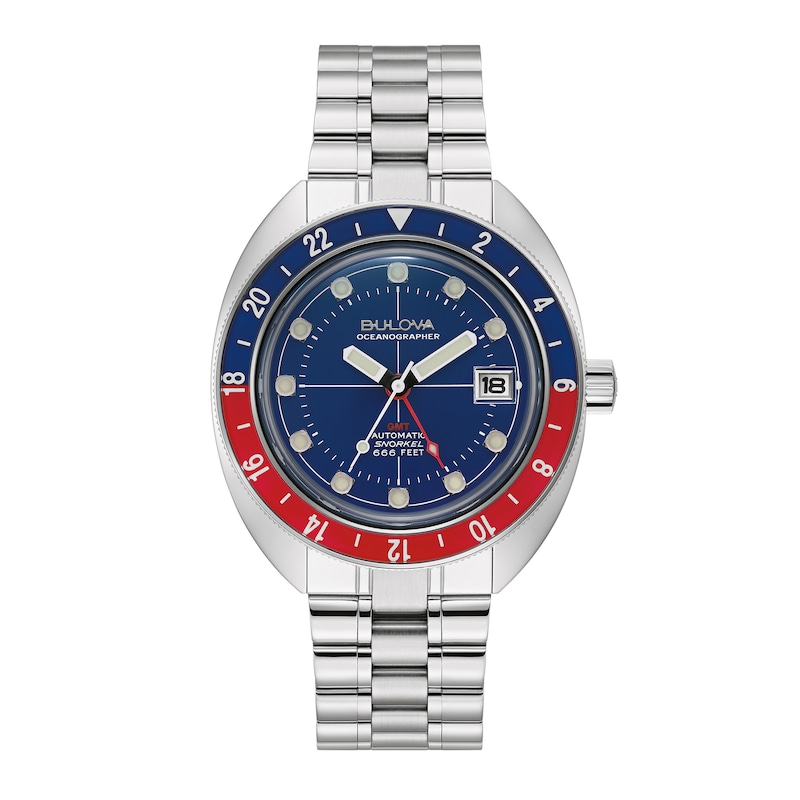 Men's Bulova Oceanographer Red Accent Automatic Watch with Blue Dial (Model: 96B405)