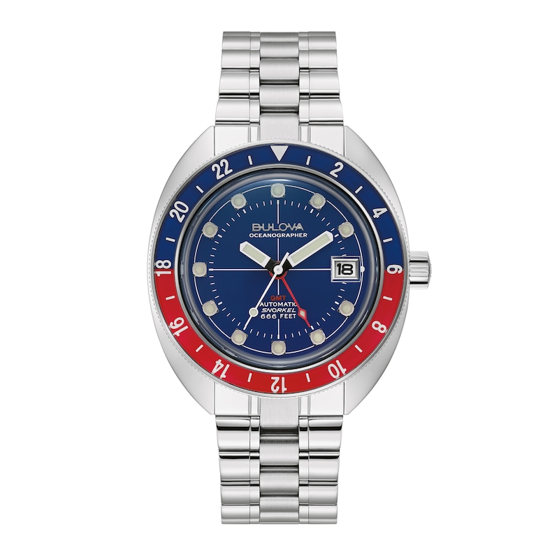 Main Image 1 of Men's Bulova Oceanographer Red Accent Automatic Watch with Blue Dial (Model: 96B405)
