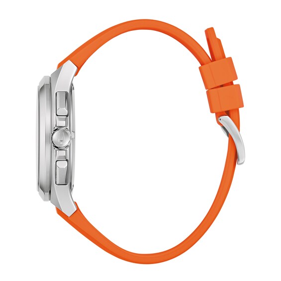 Men's Bulova Maquina Silver-Tone Chronograph Orange Strap Watch with Blue Dial (Model: 96B407)
