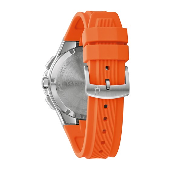 Men's Bulova Maquina Silver-Tone Chronograph Orange Strap Watch with Blue Dial (Model: 96B407)