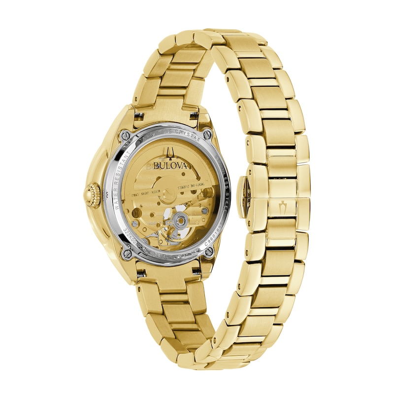 Ladies' Bulova Sutton Gold-Tone Watch with Mother-of-Pearl Dial and Skeleton Heart (Model: 97L172)