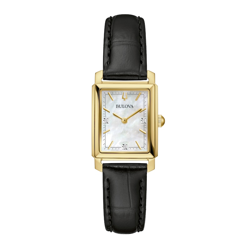 Ladies' Bulova Sutton Diamond Accent Gold-Tone Black Strap Watch with Rectangular Mother-of-Pearl Dial (Model: 97P166)