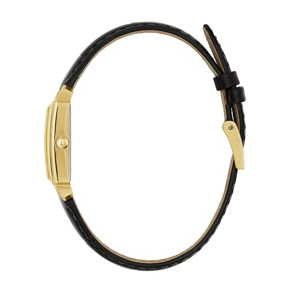 Ladies' Bulova Sutton Diamond Accent Gold-Tone Black Strap Watch with Rectangular Mother-of-Pearl Dial (Model: 97P166)