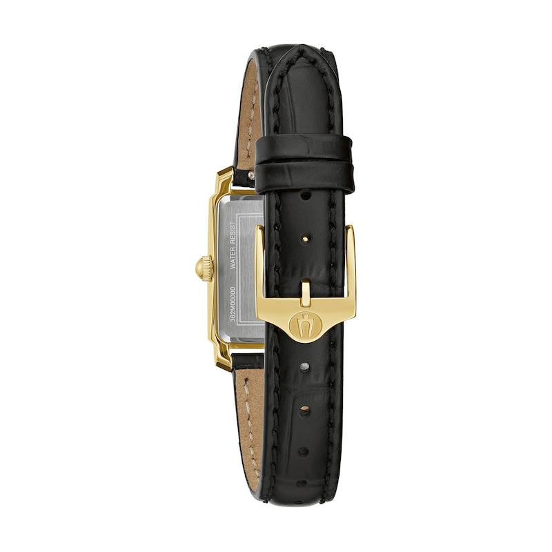 Ladies' Bulova Sutton Diamond Accent Gold-Tone Black Strap Watch with Rectangular Mother-of-Pearl Dial (Model: 97P166)