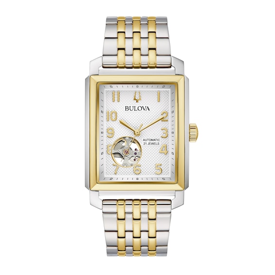 Men's Bulova Sutton Two-Tone Watch with Rectangular White Dial and Skeleton Heart (Model: 98A308)