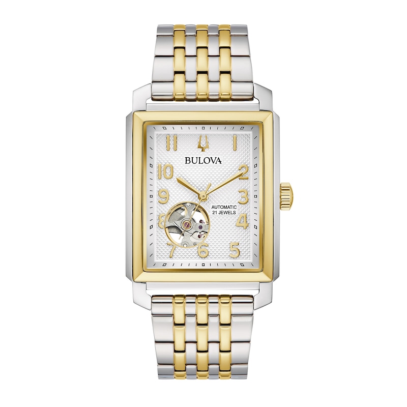 Main Image 1 of Men's Bulova Sutton Two-Tone Watch with Rectangular White Dial and Skeleton Heart (Model: 98A308)