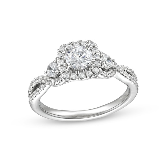 1 CT. T.w. Diamond Cushion Frame Split Shank Past Present Future® Engagement Ring in 14K White Gold (I/I2)