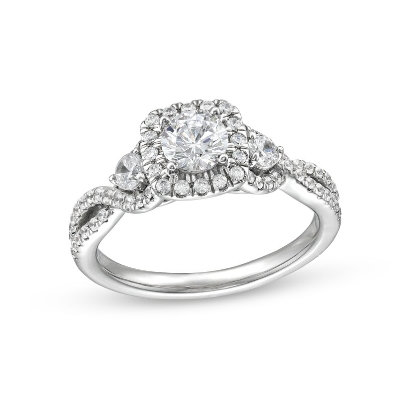 1 CT. T.W. Diamond Cushion Frame Split Shank Past Present Future® Engagement Ring in 14K White Gold (I/I2)