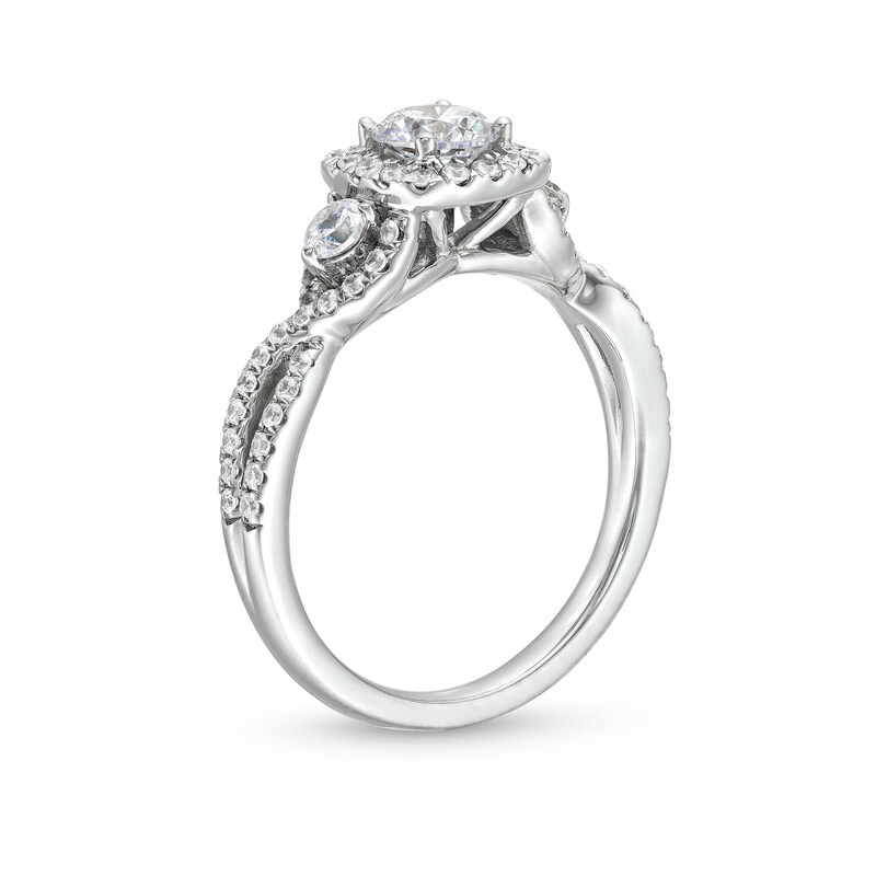 1 CT. T.W. Diamond Cushion Frame Split Shank Past Present Future® Engagement Ring in 14K White Gold (I/I2)