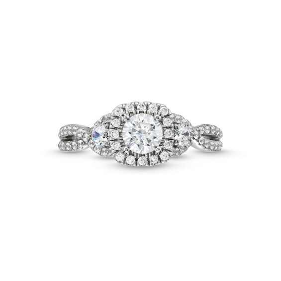 1 CT. T.w. Diamond Cushion Frame Split Shank Past Present FutureÂ® Engagement Ring in 14K White Gold (I/I2)