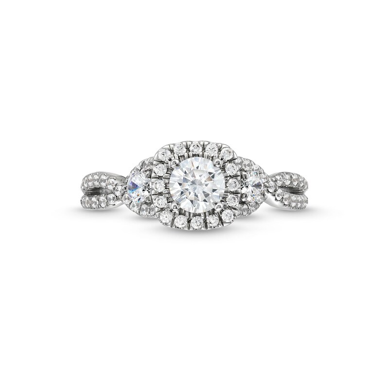 Main Image 4 of 1 CT. T.W. Diamond Cushion Frame Split Shank Past Present Future® Engagement Ring in 14K White Gold (I/I2)