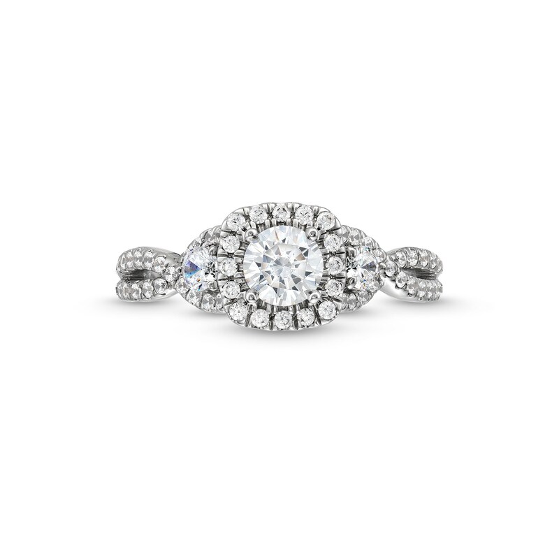 1 CT. T.W. Diamond Cushion Frame Split Shank Past Present Future® Engagement Ring in 14K White Gold (I/I2)