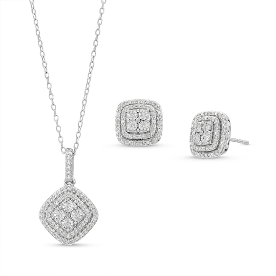 1/2 CT. T.w. Cushion Multi-Diamond Tilted Pendant and Stud Earrings Set in Sterling Silver