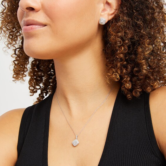 1/2 CT. T.w. Cushion Multi-Diamond Tilted Pendant and Stud Earrings Set in Sterling Silver