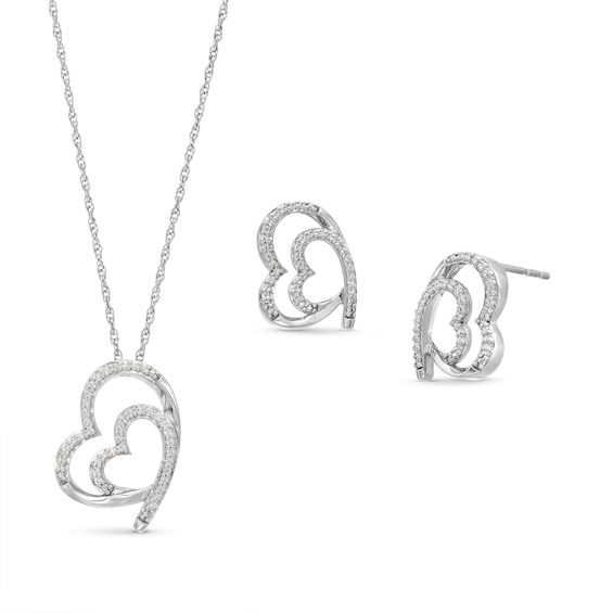 1/4 CT. T.w. Diamond Tilted Heart Pendant and Stud Earrings Set in Sterling Silver