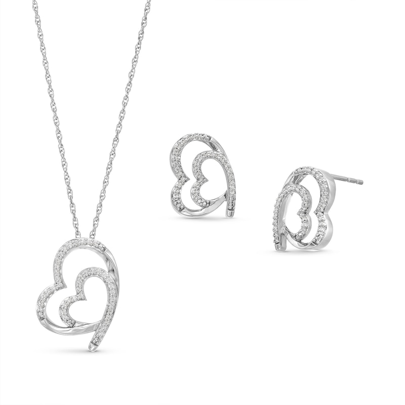 1/4 CT. T.W. Diamond Tilted Heart Pendant and Stud Earrings Set in Sterling Silver