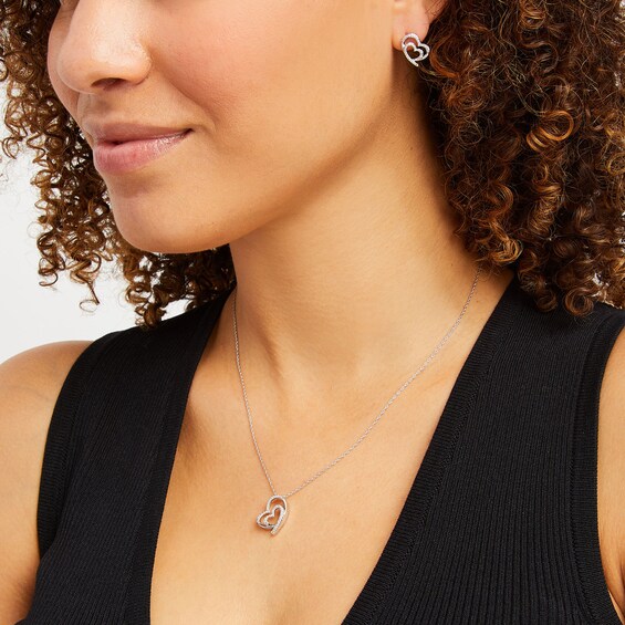 1/4 CT. T.w. Diamond Tilted Heart Pendant and Stud Earrings Set in Sterling Silver