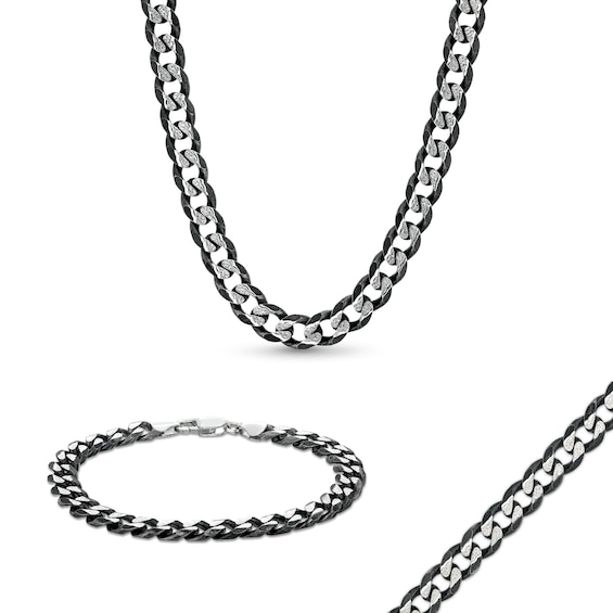 8.1mm Diamond-Cut Curb Chain Necklace and Bracelet Set in Solid Sterling Silver with Black Ruthenium