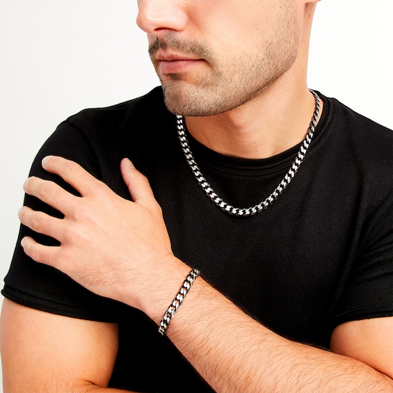 8.1mm Diamond-Cut Curb Chain Necklace and Bracelet Set in Solid Sterling Silver with Black Ruthenium
