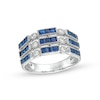 Thumbnail Image 1 of Baguette-Cut Blue Sapphire and 1/5 CT. T.W. Diamond Vintage-Style Stacked Triple Row Ring in 14K White Gold
