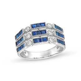 Baguette-Cut Blue Sapphire and 1/5 CT. T.W. Diamond Vintage-Style Stacked Triple Row Ring in 14K White Gold