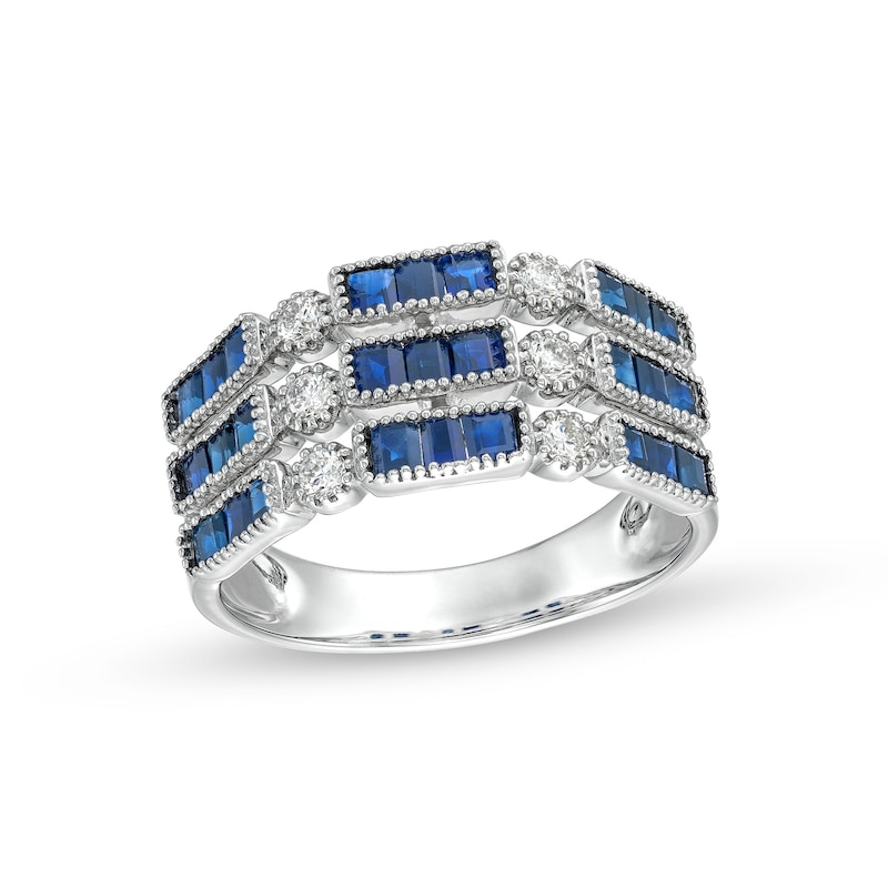 Main Image 1 of Baguette-Cut Blue Sapphire and 1/5 CT. T.W. Diamond Vintage-Style Stacked Triple Row Ring in 14K White Gold