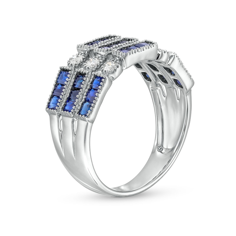 Main Image 2 of Baguette-Cut Blue Sapphire and 1/5 CT. T.W. Diamond Vintage-Style Stacked Triple Row Ring in 14K White Gold