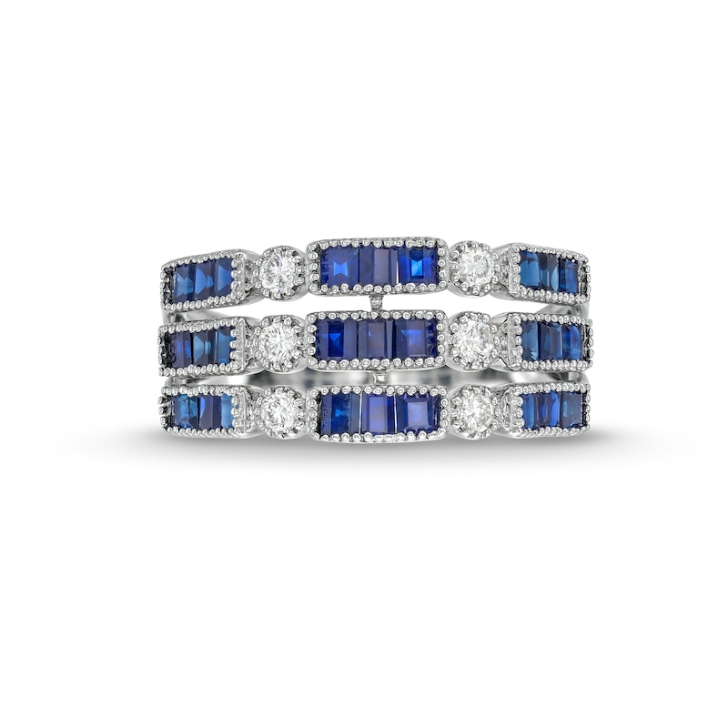 Main Image 3 of Baguette-Cut Blue Sapphire and 1/5 CT. T.W. Diamond Vintage-Style Stacked Triple Row Ring in 14K White Gold