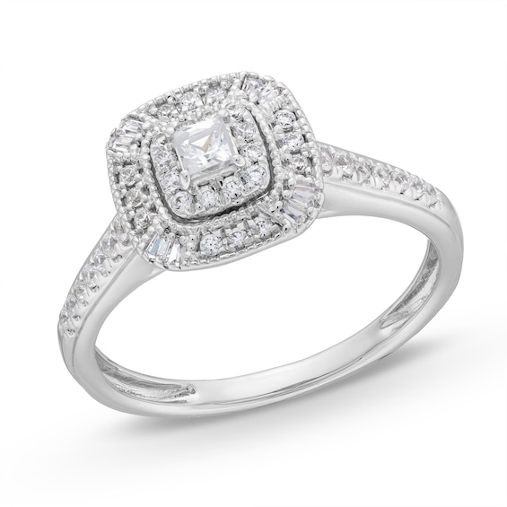 3/8 CT. T.w. Princess-Cut Diamond Double Cushion Frame Vintage-Style Engagement Ring in Sterling Silver