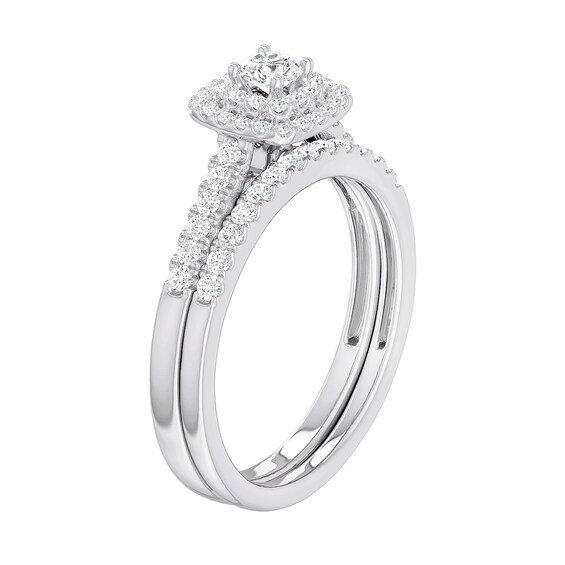 1/2 CT. T.w. Diamond Cushion Double Frame Bridal Set in Sterling Silver