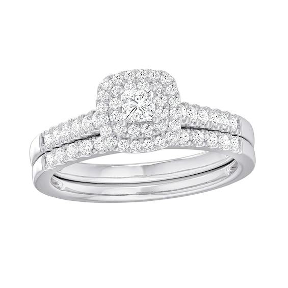 1/2 CT. T.w. Princess-Cut Diamond Cushion Double Frame Bridal Set in Sterling Silver