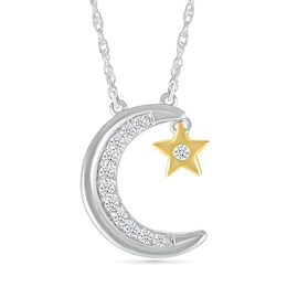 1/20 CT. T.W. Diamond Crescent Moon with Star Dangle Necklace in Sterling Silver and 10K Gold Plate