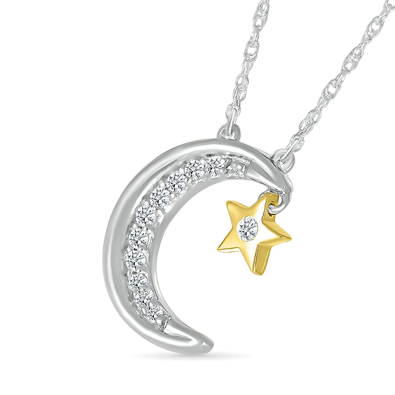 Main Image 2 of 1/20 CT. T.W. Diamond Crescent Moon with Star Dangle Necklace in Sterling Silver and 10K Gold Plate