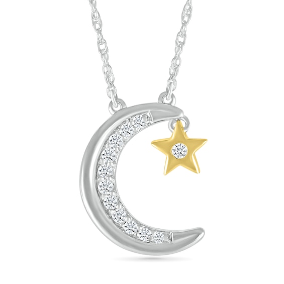 1/20 CT. T.w. Diamond Crescent Moon with Star Dangle Necklace in Sterling Silver and 10K Gold Plate