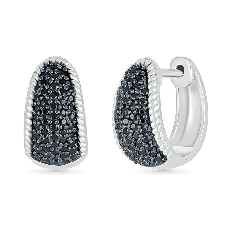 Main Image 1 of 1/2 CT. T.W. Black and White Diamond Rope Edge Dome Hoop Earrings in Sterling Silver