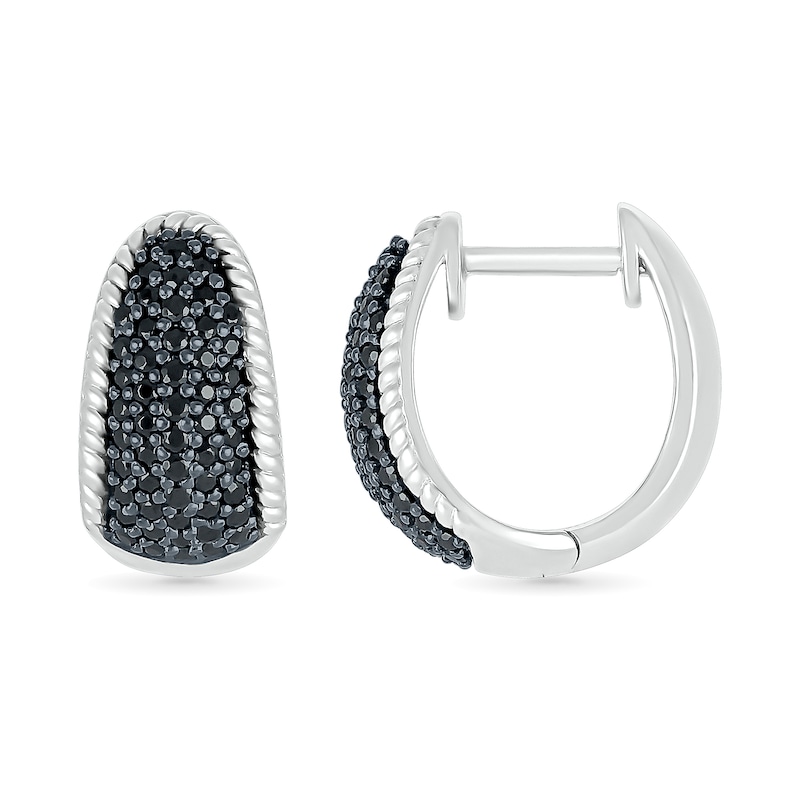 Main Image 2 of 1/2 CT. T.W. Black and White Diamond Rope Edge Dome Hoop Earrings in Sterling Silver