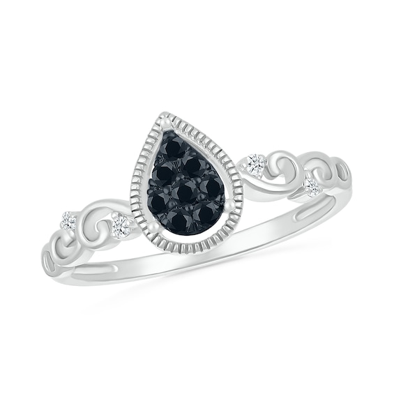 1/6 CT. T.w. Pear Black Multi-Diamond Teardrop and Scrollwork Ring in Sterling Silver