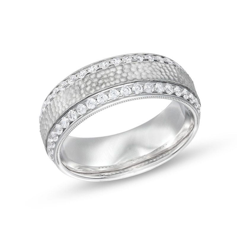 Men's 3/4 CT. T.W. Diamond Edge Hammered Center Row Band in 10K White Gold